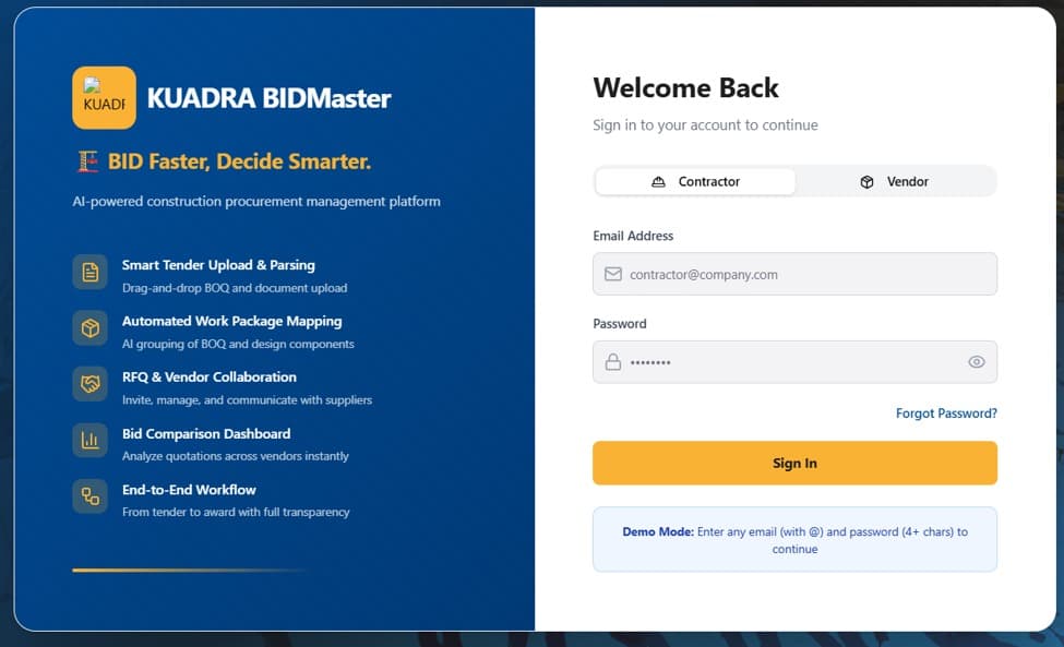 BidMaster Tender workspace screenshot